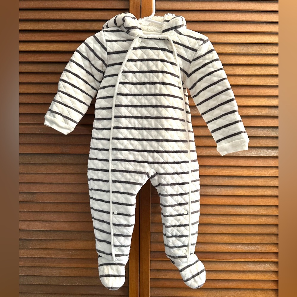 Striped Quilted Baby Hooded Cream & gray bunting suit 12 months